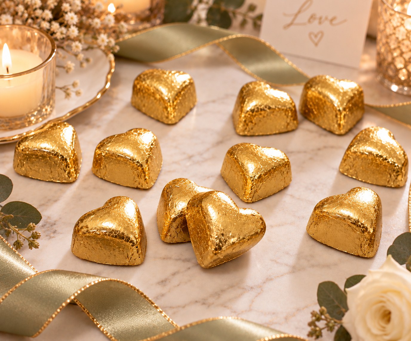 Gold glitter paper-wrapped heart shaped  chocolate