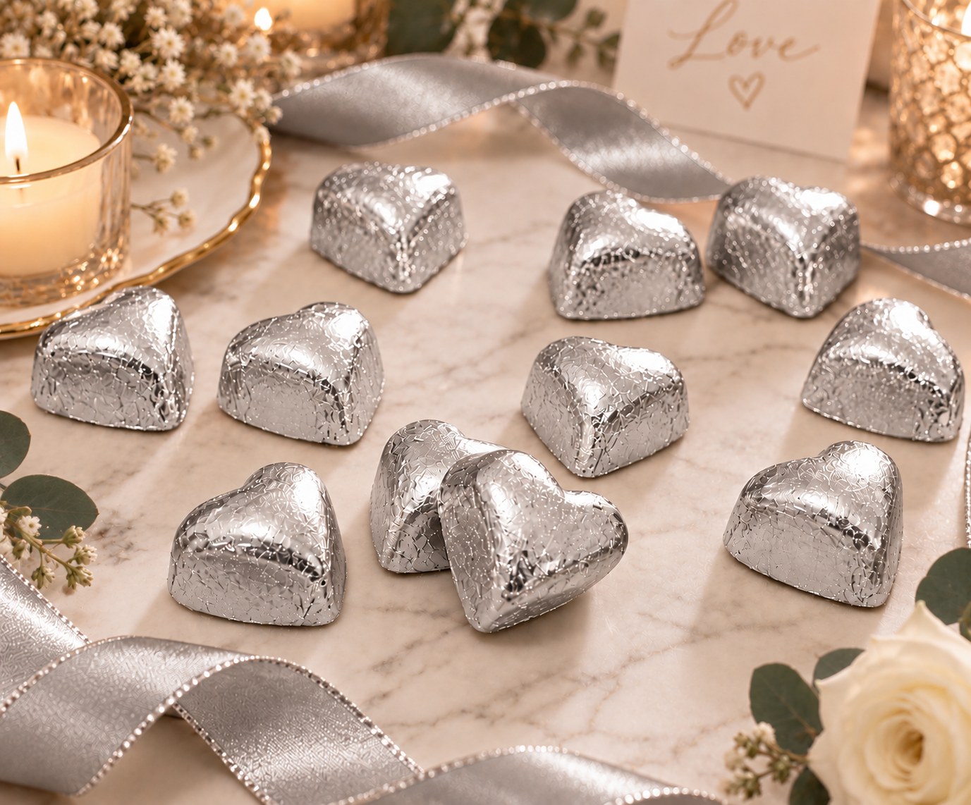 Silver glitter paper wrapped  heart shaped chocolate